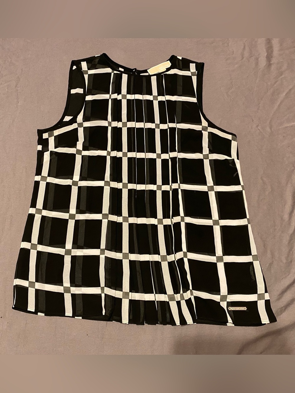 Michael Kors sheer pleated black white grid sleeveless blouse, size small